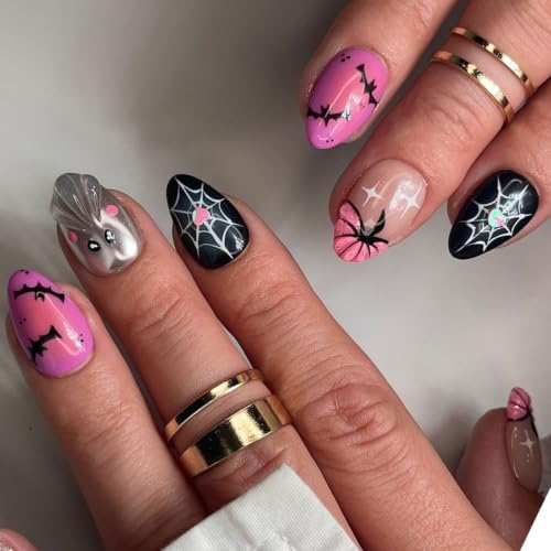Halloween Press-On Nails Short Almond Fake Nails with Ghost Pumpkin Glitter Bat Spider Web Designs - 24Pcs