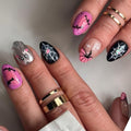 Halloween Press-On Nails Short Almond Fake Nails with Ghost Pumpkin Glitter Bat Spider Web Designs - 24Pcs