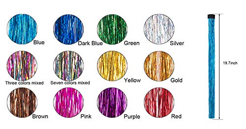 Colorful Hair Tinsel Clip-In Extensions - 12 Shiny Colors, 19.7 Inch Fairy Hair - Variations Included
