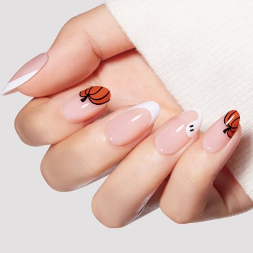 Modelones Halloween French Tip Press On Nails Short Almond Pumpkin Variant