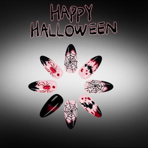Halloween Press On Nails Kit Style-15 - Black French Tip Web Bat & Red Spider 24 Pcs
