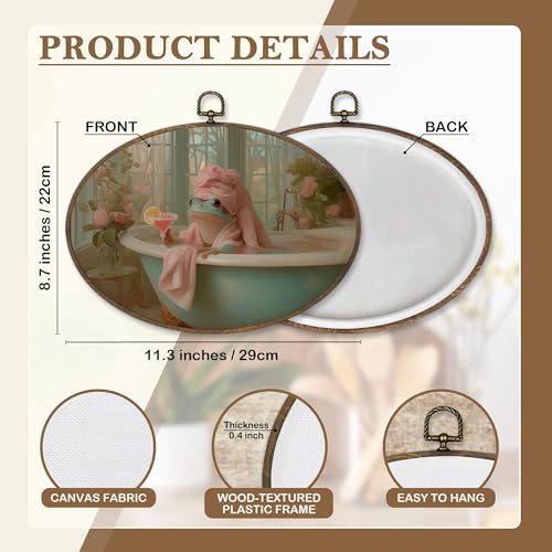 Whimsical Frog Bathroom Wall Art - Oval Canvas Decor, 8.6x11.4 Inches - Frog Variation