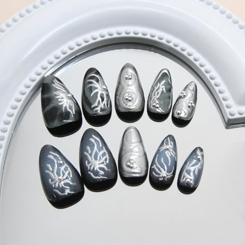 Goth Press On Nails 30Pcs Medium Almond Fake Nails Glitter Silver Alloy 3D Chrome Design - Variation of Goth Fake Nails-4