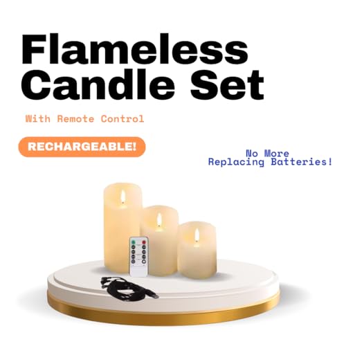 Rechargeable Flameless Candles Set of 3 with Remote & Timer - Real Wax LED Pillar Candles for Holiday & Home Decor