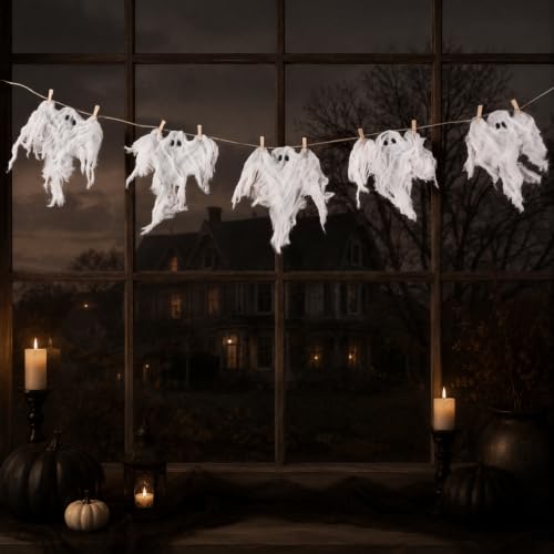 Halloween Ghost Garland - 6Ft Rustic Halloween Decor for Mantel, Wall, Fireplace | Variation: Ghost Garland