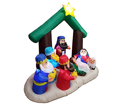 6 Ft Inflatable Nativity Scene with Three Kings Sheep & Cattle – Christmas Holiday Yard Decor