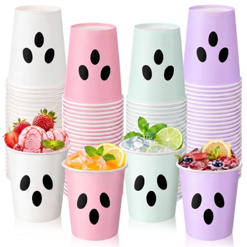 Pastel Halloween Ghost Face Paper Cups - 100 Disposable Party Drinkware with Variation Ghost Face