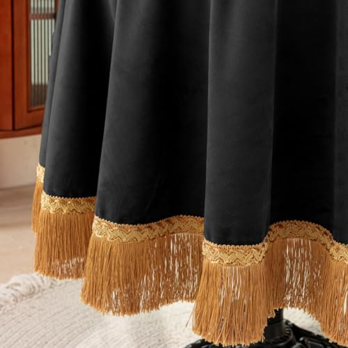 Black Velvet Tablecloth with Gold Tassel Trim - 60x86 Inch Rectangular Vintage Table Cover