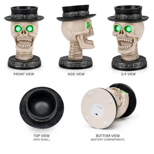 Halloween Skull Candy Bowl with Glowing Eyes & Black Hat - Spooky Gothic Decor