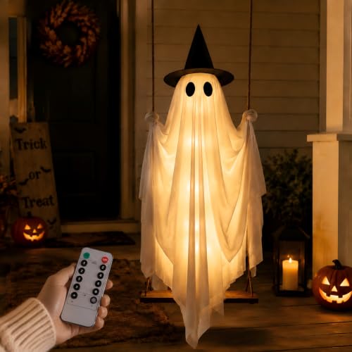 Lighted 5FT Outdoor Swinging Ghost Decor with Witch Hat - Halloween Yard Display
