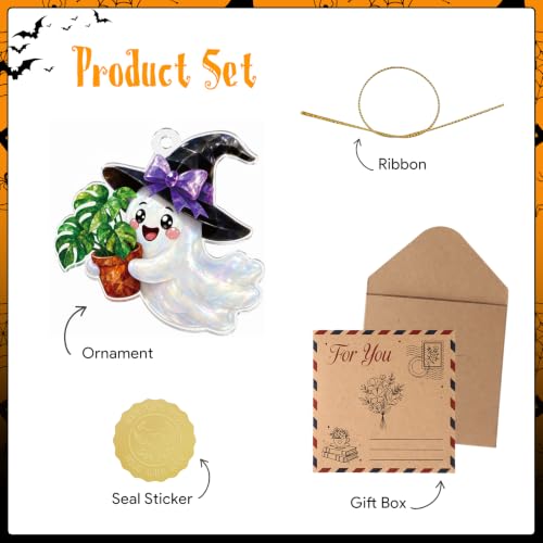 Halloween Ghost Ornament with Monstera & Witch Hat - Spooky Cute Fall Decor - Variation of This Listing