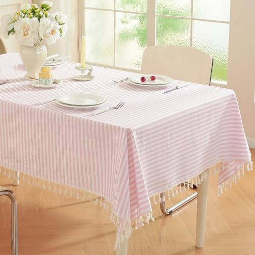 Pink Rectangular Tablecloth 55 x 70 Inch Cotton Blend Boho Picnic Decor with Tassels