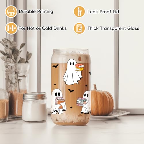 Ghost Reader Halloween Coffee Cup with Lid and Straw - Cute Book Lover Spooky Gift
