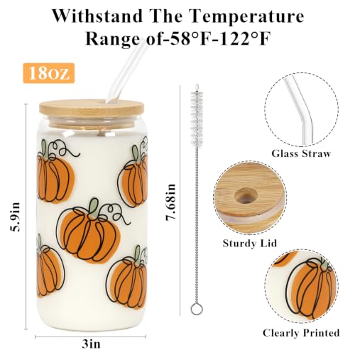 Fall Pumpkin Iced Coffee Glass Cup with Lid & Straw - 18oz Orange