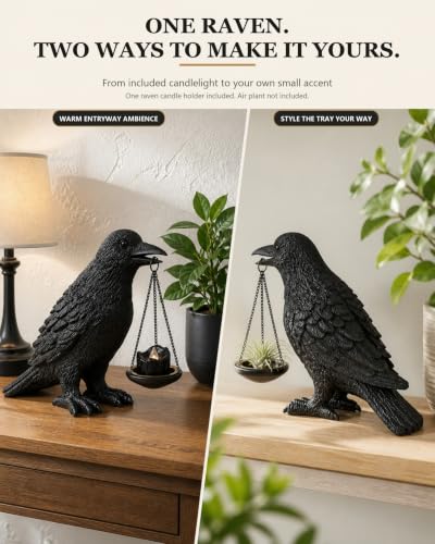Gothic Crow Candle Holder - Halloween Decor, Resin Raven Statue for Bookshelf & Fireplace