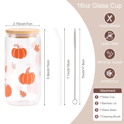 Fall Pumpkin Glass Cup - Halloween Thanksgiving Autumn Gift Set with Straw & Brush - Pumpkin Variation