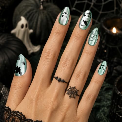 Halloween Press-On Nails Short Almond with Cat Eye Spider Ghost - 32Pcs, Variation 1
