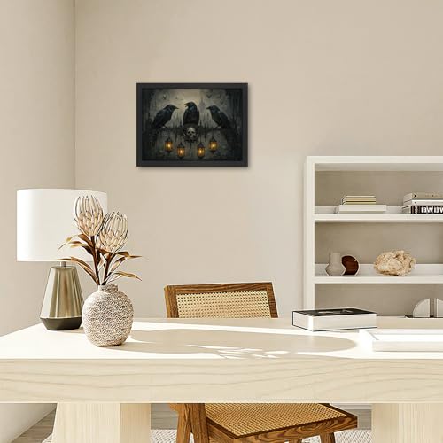 Crow Wall Art Canvas - Gothic Crow Framed Artwork for Living Room & Bedroom - 16x12 Inches