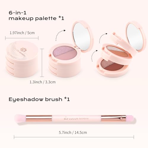 Mini Eyeshadow Palette - 6 Neutral Shades with Cool Mauve + Brush - Color Nymph