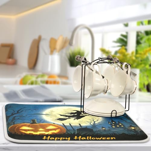 Halloween Witch Bat Dish Drying Mat - Extra Large 16 x 18 inches - Absorbent Kitchen Mat - Fall Decor