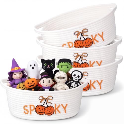 Halloween Spooky Cotton Rope Basket Set with Handles - Pumpkin Patch Design - 4 Pack, Kids Trick-or-Treat Storage