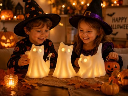 3-Pack Ceramic Ghost Cat Halloween Figurines - Indoor Tabletop Decor