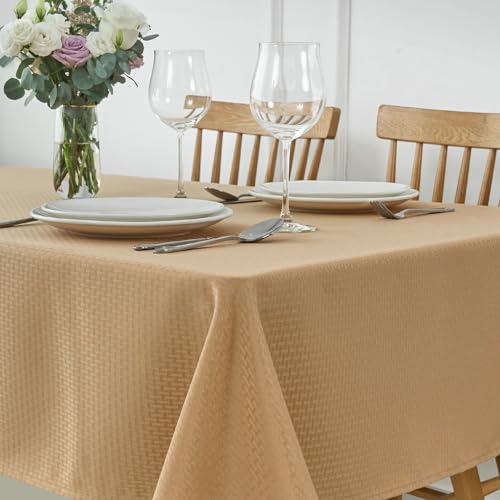 Maxmill Rectangle Tablecloth 52 x 108 Inch Weaved Pattern Waterproof Spillproof Fabric Beige