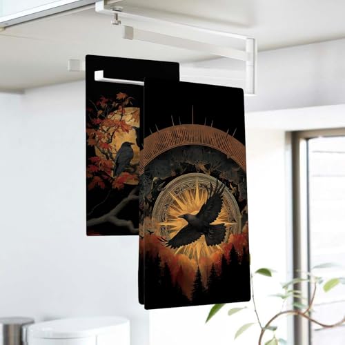 Dark Academia Gothic Black Raven Kitchen Dish Towels Set of 2 - Home Decor