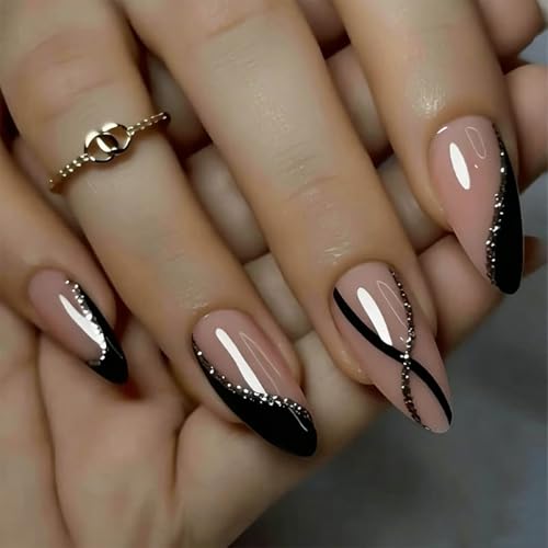 Medium Almond French Tip Press-On Nails Style 9 - Black Glitter Fake Nails, Reusable