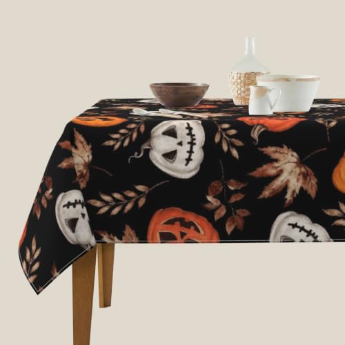 Halloween Pumpkin Maple Leaf Square Tablecloth 54 Inch Burnt Orange & White Fall Decor