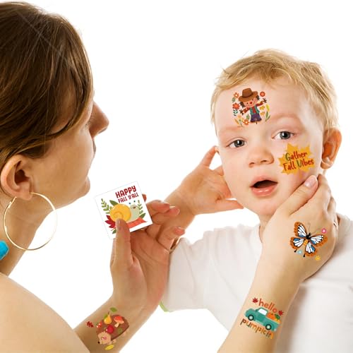 Kids Fall Temporary Tattoos Set - 96 Leaves, Animals, Pumpkins & Harvest Designs