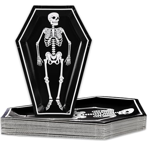 Skeleton Coffin Halloween Paper Plates 40 Pack - Black & White 10 Inch Disposable Tableware - Skeleton Coffin Variation