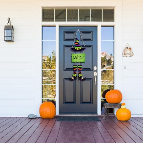 Halloween Witch Sign Decoration Welcome Hanging Wooden Wall Decor - Witch Hat & Legs