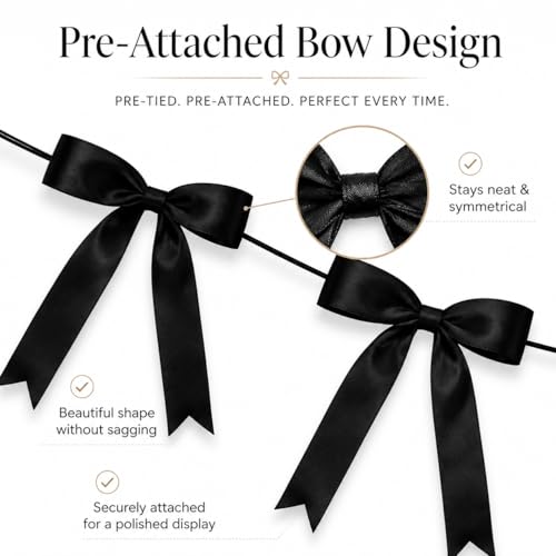 Black Satin Bow Garland Banner - 2 Strings with 16 Large Bows, Ready to Hang