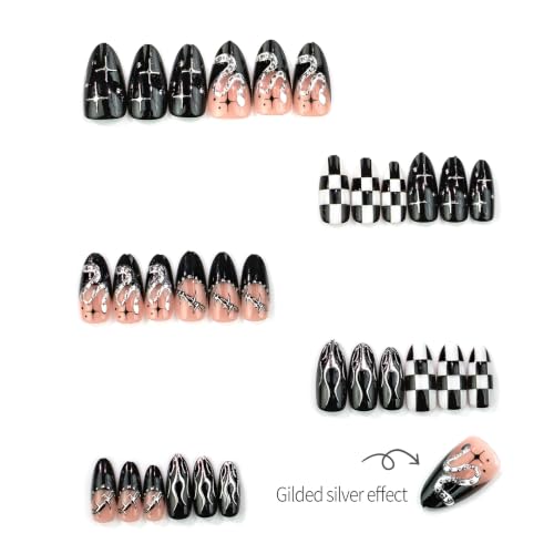 Checked Gothic Press On Nails - Medium Almond Fake Nails with Silver Snake & Line Design, Black French Tips, Reusable for Women - 24Pcs