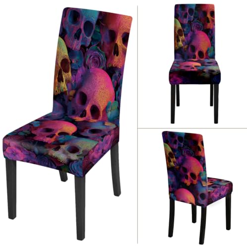 Set of 4 Colorful Skull Chair Covers Neon Gothic Halloween Decor - Variation #59