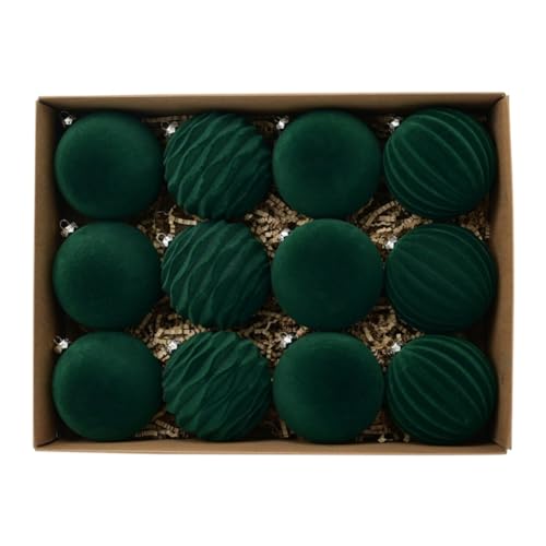 Velvet Christmas Ornaments Balls Flocked Holiday Decor - Green, Set of 12 - Variation F