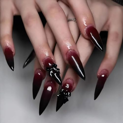 Halloween Long Stiletto False Nails Blood Set - Black Bow Tie Variation 23