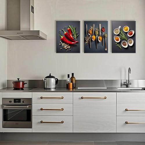 Colorful Spice Seasoning Wall Art Prints - Set of 3 Canvas Kitchen Decor 12x16 Inch Framed