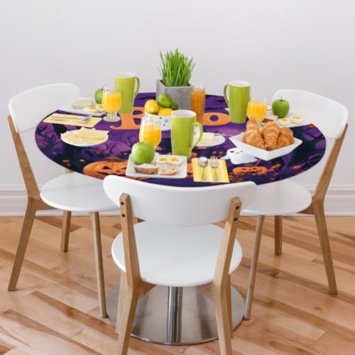 Halloween Pumpkin Castle Fitted Round Tablecloth - Waterproof & Washable, 45-50 Inch Variation A-01