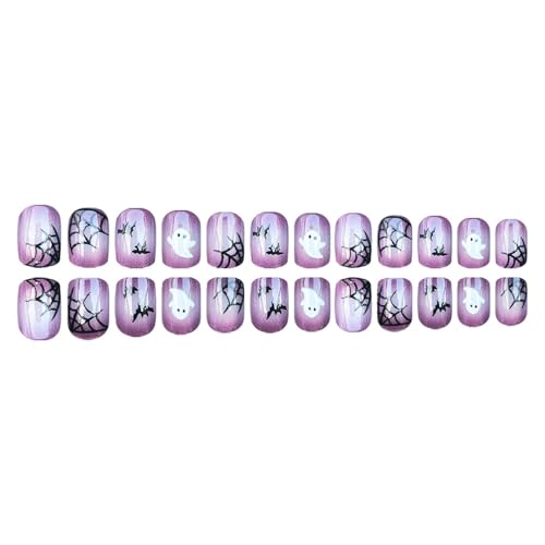 Halloween Fake Nails Short Square Press-On Nails with Bat Spider Web Ghost Design Purple Cat Eyes - 24 Pcs, Variation of Nails-266