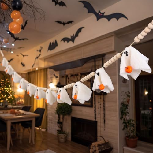 Halloween Ghost Garland - 6.6ft Indoor Mantel & Wall Decor with Wooden Beads