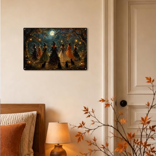 Halloween Witches Metal Sign Spooky Midnight Gathering Wall Decor 12x8 Inches