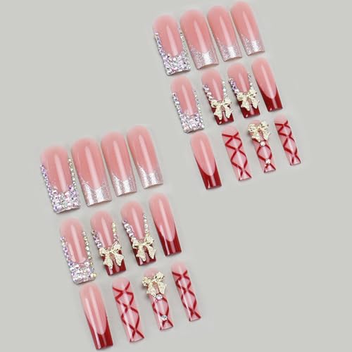 IMRAIN Long Square Press-On Nails with Rhinestones & Gold Bow Charms - Red Fake Nails C-27Red Gold