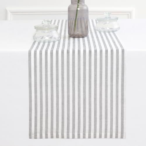 Pure Linen Table Runner 14x90 Inches - Grey & White Stripe, Handcrafted