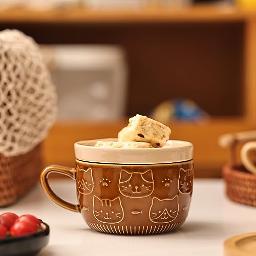 Cute Ceramic Cat Coffee Mug with Lid - Brown, Gift for Cat Lovers