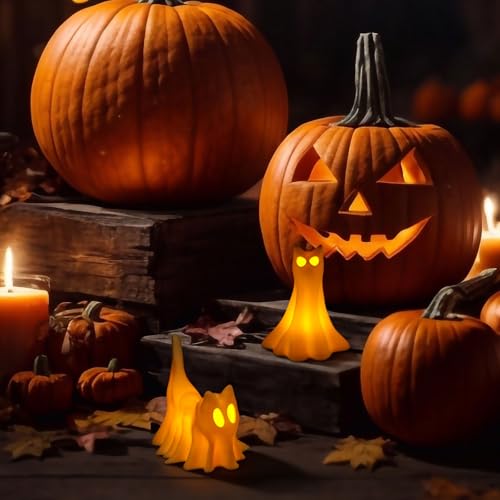 Halloween Ghost Cat LED Figurines Set - Spooky Tabletop Decor with Amber Glow