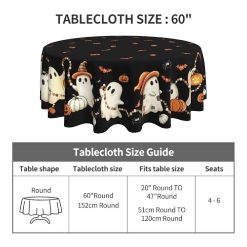 Halloween Round Tablecloth 60 Inch Ghost Jack-o'-Lantern Bats Water-Resistant Fabric - Ghost Variation