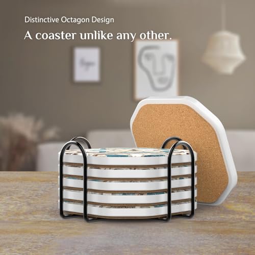 Mandala Ceramic Coasters Set of 6 with Holder - Absorbent Vintage Tile