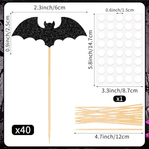 Halloween Cupcake Toppers Black Glitter Bat - 40Pcs Bat Themed Cake Decorations - Variation: Bat
